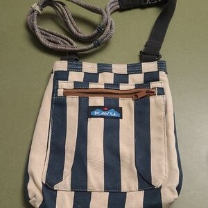 Kavu Navy and Cream Striped Canvas Messenger Crossbody